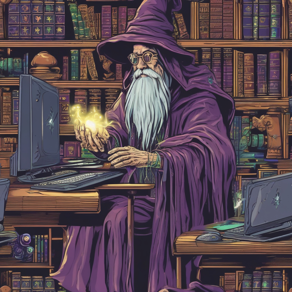 Wizard casting a spell into a computer