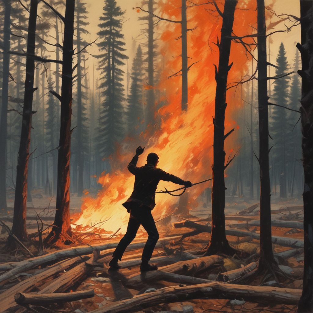 Man chucks wood into a forest fire