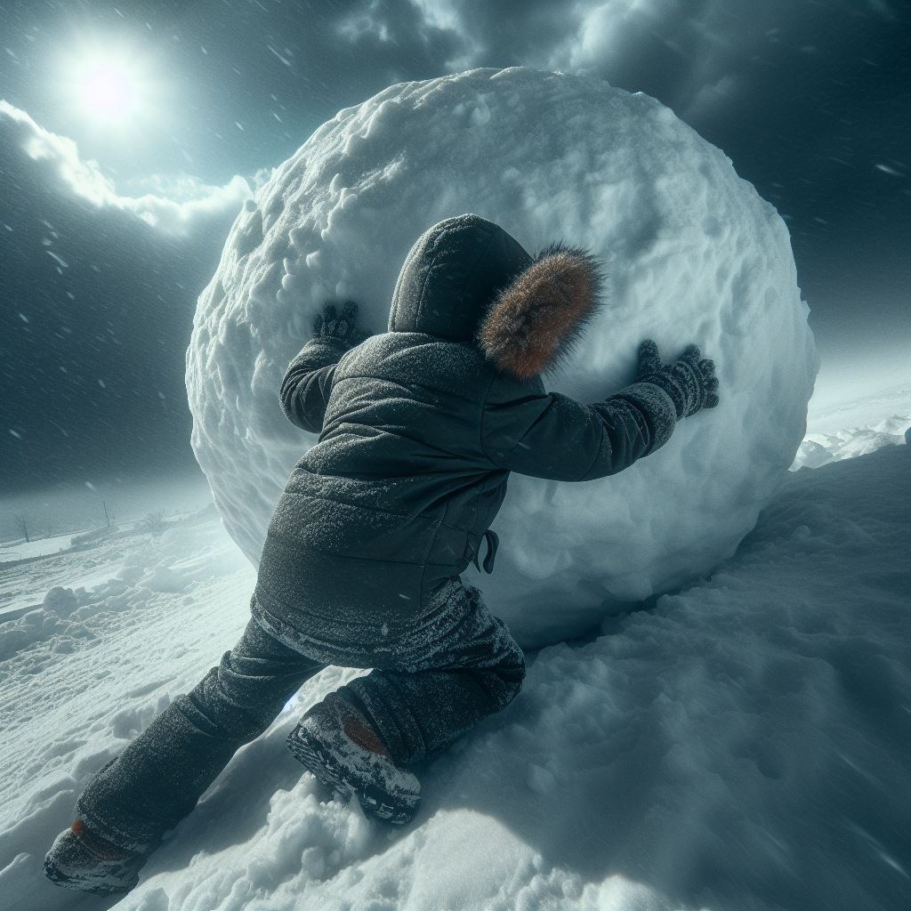 Child struggling to roll a giant snowball