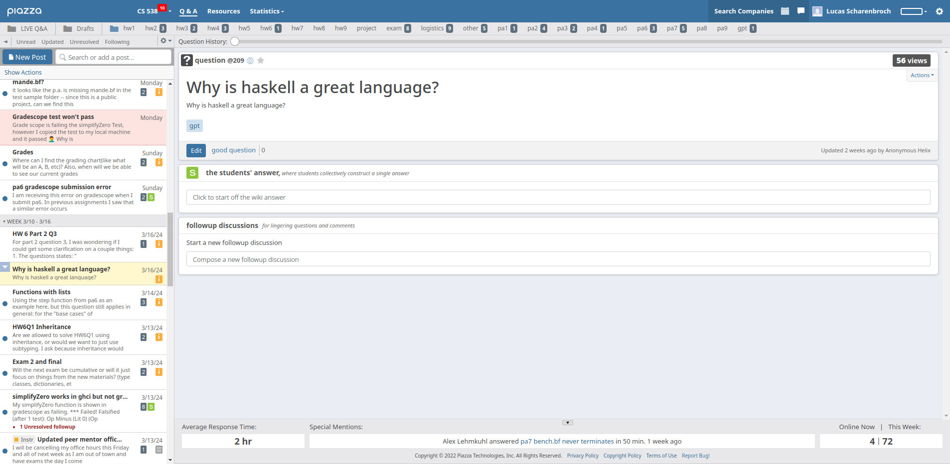 Piazza question: 'Why is Haskell a great language?'